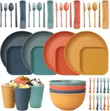 Unzerbrechliches Geschirr Set 4 Personen, 52 Teiliges Camping Geschirr Set Plastikgeschirr Picknick Geschirr Sets Leicht Bunt Grill Kunststoff Servierteller Schüsseln Besteck Set