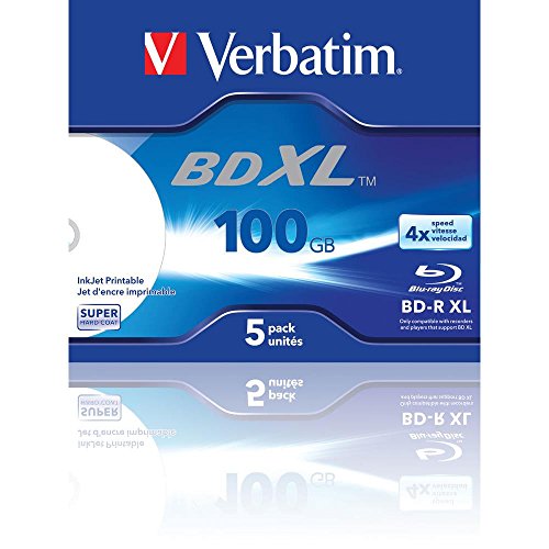 Verbatim BD-R XL Blu-ray Rohlinge 100 GB, Blu-ray-Disc mit 4-facher Schreibgeschwindigkeit, 5er-Pack Jewel Case, großflächig bedruckbar, Blu-ray-Disks für Video- und Audiodateien