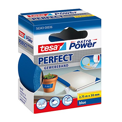 tesa extra Power Perfect Gewebeband - Gewebeverstärktes Ductape zum Basteln, Reparieren, Befestigen, Verstärken und Beschriften - Blau - 2,75 m x 38 mm