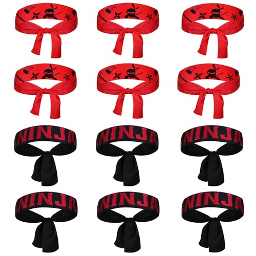 Jokureao 12PCS Ninjas Stirnband Set, Ninja Party Zubehör,Schwarz Rot Ninjas Party Stirnband, Klassisches Ninja-Stirnband für Kinder, Ninja Kopfband Ninja Gastgeschenke für Geburtstagsparty Karate