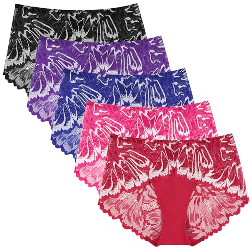 PHOLEEY Spitzen Unterwäsche Frauen Sexy Unterhosen Damen Slips Bequeme Atmungsaktiv Spitze Höschen Hipster Dessous 5er Pack,L