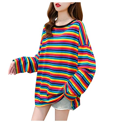 HOOUDO Sonderangebote Schnäppchen Frauen Lose Rainbow Contrast Color Striped Top Langarm T-Shirt Leichter Pullover Damen Women's Sports T Shirt White Long Sleeve Top Girls 5-6 Mein Bestellung Sale