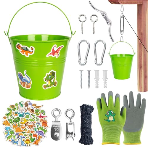 ZJKUBOIS Flaschenzug Kinder, Zubehör Für Baumhaus/Spielturm, Flaschenzug Set Enthalten Metalleimer, Dinosaurier Gartenhandschuhe, 50 Stück Dino Sticker, Spielzeug für Kinder ab 3 Jahren