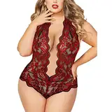 Generic Drotische Dessous Frau Große Größe Sling Spitzenbordüre Tiefer V-Ausschnitt Reizwäsche Sexy Damen Aushöhlen Durchsichtige Unterwäsche Babydoll One Piece Lingerie Negligee