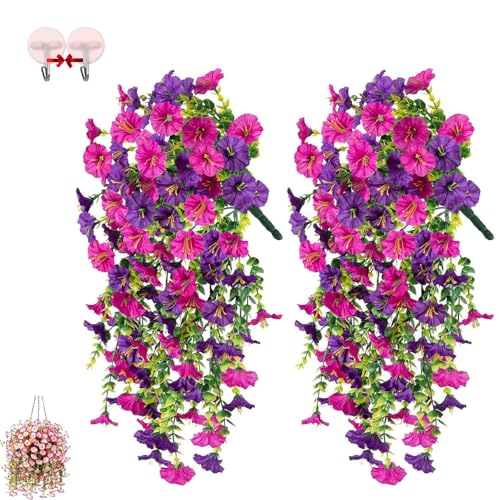 2er-Pack Precisetrue Hängeblumen, perfekte Dekoration für Haus und Garten – Hängende Prunkwinden, künstliche Prunkwinden, künstliche Hängekörbe, Kunstblumen für den Außenbereich (2Pack,E)