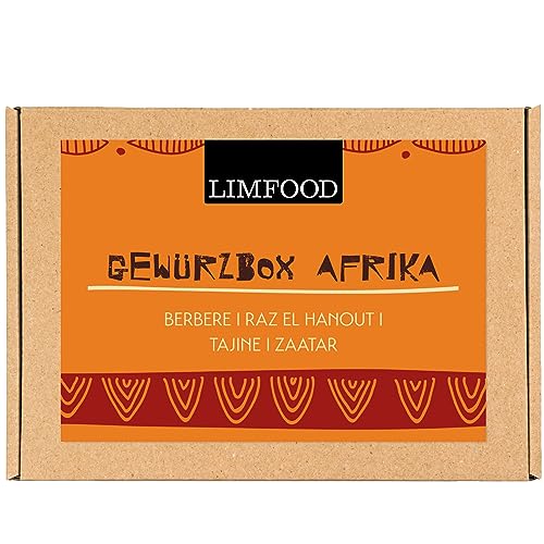 Limfood | Geschenkset Gewürze - Gewürzbox, Gewürzset mit 4 Gewürzen in Aroma Dosen - Geschenkkorb Kochen - Gewürzmischungen Länderküche - (Afrika)