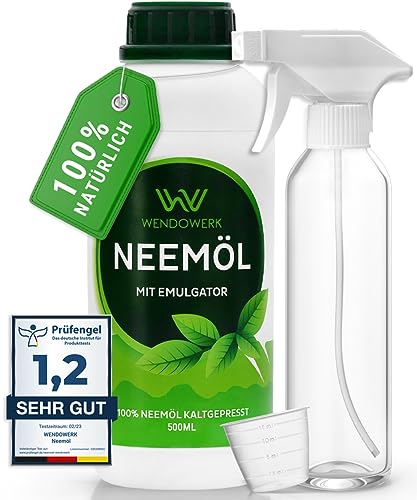 WENDOWERK® Neemöl [500ml] - Inkl. Sprühflasche und Messbecher - Neemöl mit Emulgator zur direkten Anwendung - Niemöl zur natürlichen Pflanzenpflege für Indoor und Outdoor