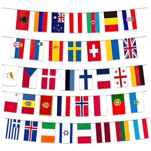 Eurovision Europäische Flagge Wimpelkette - Eurovision Song Contest 2025 mit 38 Länder Doppelseitige Stoff-Wimpelkette Europäische Flagge Bunting,für Bar,Club,Garten,Drinnen Draußen Dekorationen