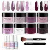 Dipping Powder Nails Set, Aokitec 14Pcs Dip Pulver Nagel Starter Kit 8 Farben Dipping Powder Acryl Nail Puder Glitzer mit Aktivator Basis-/Decklack für Nails Art Maniküre DIY Salon