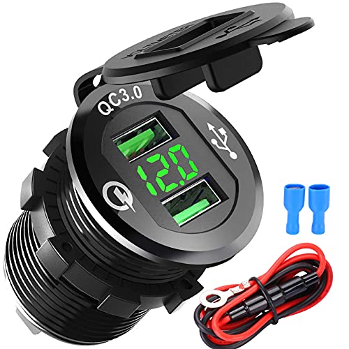 USB Auto Steckdose Quick Charge 3.0 Dual Auto Ladegerät 12V/24V 36W USB KFZ Ladegerät QC 3.0 wasserdichte Auto Zigarettenanzünder Adapter 12 Volt Stecker Einbaubuchse für Motorrad, Wohnwagen, Boot,LKW