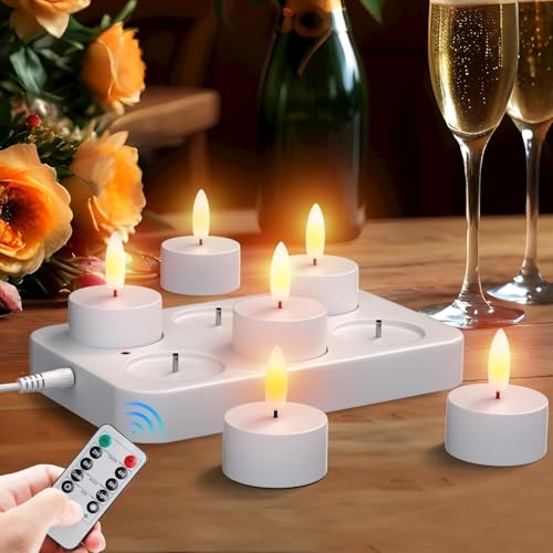 EXTSUD 6 Stück Led Teelichter mit Timer Wiederaufladbar Kerzen LED Tea Light Flammenlose Kerzen Flackern Kerzenlicht Nachtlicht Elektrische Teelichter Jugendweihe Windlicht Tischlicht Wohnzimmer Deko