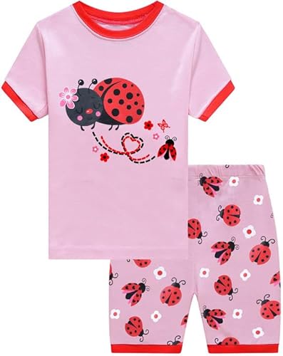 CM-Kid Mädchen Pyjama Set Kurzarm Schlafanzug Kinder Shorty Sommer Nachtwäsche 3 4 Jahre Marienkäfer Rosa Gr.104