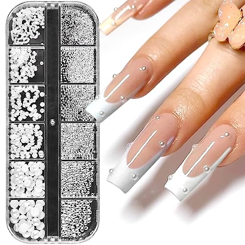 1Schachtel/12Raster Nail Art Strasssteine,Weiße Perlen Für Nägel Halbrunde Perlenkugeln Nail Charms Klein Edelstahl-Perlen Caviar Beads Weiße Flatback-Perlen für Frauen Acryl Nagel Dekorationen Design