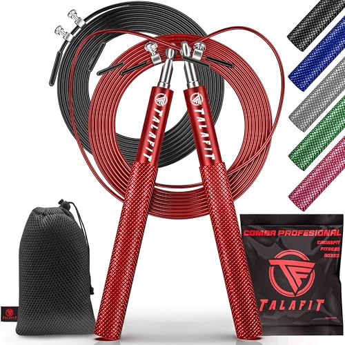 TALAFIT Professionelles Springseil für Crossfit | Verstellbares Fitness-Seil mit Hochgeschwindigkeits-Kugellager | Boxseil | Inklusive Tasche (Schwarz) (Rot)