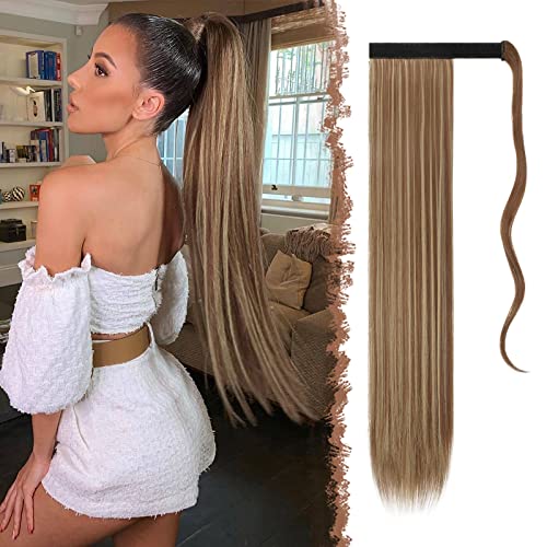 FESHFEN Lang Glattes Pferdeschwanz Haarteil Synthetik Haarverlängerung Zopf Haar Extension für Damen Mädchen, Braun & Blond 60 cm