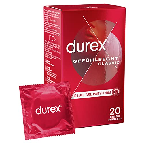 Durex Gefühlsecht Classic Kondome – Dünne Kondome mit anatomischer Easy-On-Form & mit Silikongleitgel befeuchtet – 20er Pack (1 x 20 Stück)