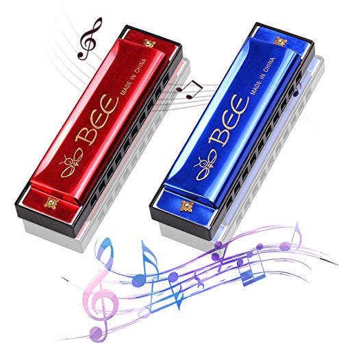 2 Stück Mundharmonika C-Dur Major Blues Harmonika,Diatonische Harmonika,Mundharmonika für Kinder,10 Löcher mundharmonika Diatonisch,für Anfänger/Profis mit Etui (Rot/Blau)