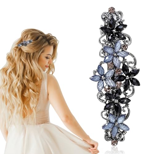 WLLHYF Blume Haarspangen, Vintage Strass Stil Barrettes, Luxus Schmuck Design Haarnadel, Metall Frühling Haarspange Clips, Haar-Accessoires für Frauen Mädchen(Schwarz Blau)