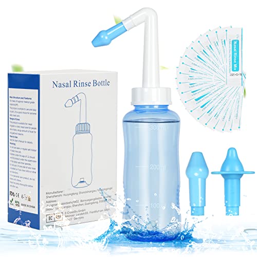 URAQT Nasendusche mit Salz, 300ml Nasenspülung Flasche mit 40 x Salz(2.7g), BPA-frei, Nasenspülkanne zur Sinus Nasenreinigung und Nasenspülung, Neti Pot Nasenspülsalz für Erwachsene und Kinder (C)