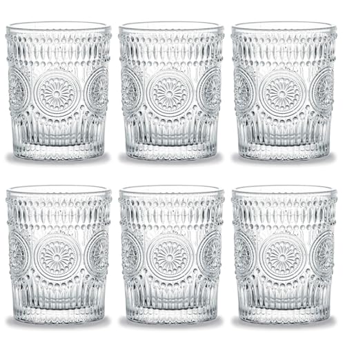 Kingrol 6 Stück Wassergläser 270ml Geprägte Trinkglas Vintage Saftgläser Cocktailgläser Longdrinkgläser für Wasser Saft Bier Milch Getränke