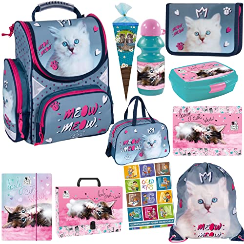 Goldkids Schulranzen Set XXL 11 Teile Katze Cat Motiv Ranzen Federmappe Turnbeutel Brotdose Trinkflasche Sporttasche Zuckertüte Aktenmappe Tischunterlage Sammelmappe Aufgabenheft