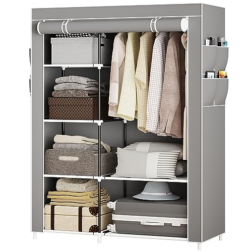 SMILOVII Kleiderschrank, Reißverschluss Stoffschrank,mit 1 Kleiderstange, 5 Fächern und 8 Seitentasche Faltschrank, 165 x 105 x 45 cm, für Ankleidezimmer Schlafzimmer Offener Kleiderschrank-Grau