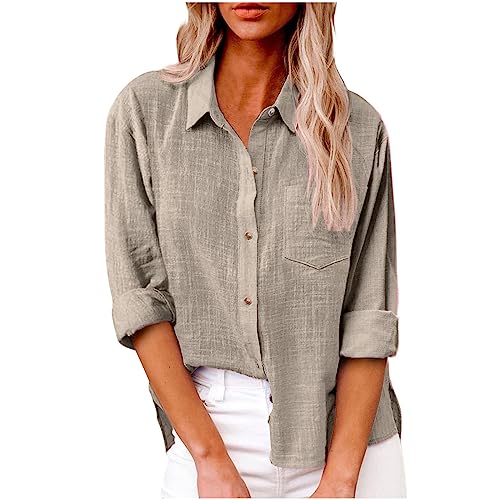 Damen Leinen Hemd Elegant mit Knopfleiste Tasche Sommer Oversized Kurzarm Blusen Langärmeliges Shirt Oberteile Reverskragen Elegant Shirts Bluse Oberteile Einfarbig Basic Unterhemd Top