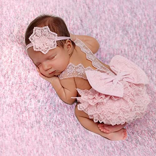 Ylsteed Neugeborenen Fotografie Requisiten, Baby Fotoshooting Kostüme Set，Baby Foto Prop Outfits mit Stirnband Baby Spitze Strampler Kleidung Foto Babybekleidung Outfits Baby Fotografie Zubehör-Rosa