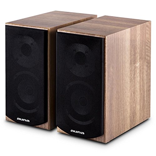 auna - Linie 501 BS-WN, Regallautsprecher, Lautsprecher-Boxen, HiFi-Boxen, Lautsprecher-Paar, 2-Wege-System, 10cm (4")-Mitteltöner mit Phase-Plug und 2,5 cm (1")-Hochtöner, 100 Watt max., walnuss