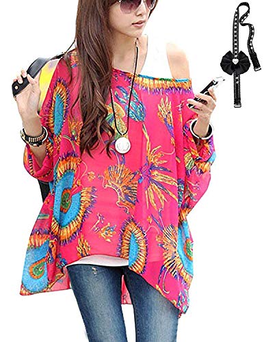 sitengle Damen Sommer Böhmische Flügel Ärmel Chiffon Kurzarm Strand Beiläufige Shirt Bat Sleeve Lose Hemd T shirt Bluse Tops Rot One Size