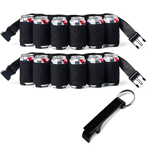 HBSTK 2 Stück Biergürtel Bierhalter Dosengürtel Flaschenhalter Portable Trinker Bier Soda Kann für6 Getränke mit1 Stück Flaschenöffner Für Camping Reisen Klettern Wandern Outdoor (Schwarz)