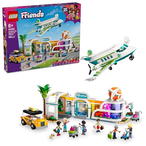 LEGO Friends Heartlake City Flughafen mit Flugzeug 42656, Bauset mit Flieger, Taxi und Gepäckwagen, 7 Spielfiguren, Baby und Hund, Geschenk für Mädchen und Jungen ab 8 Jahren