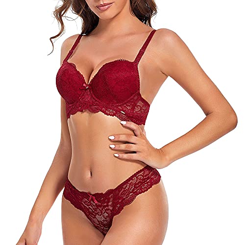 SHEKINI Damen BH Set BH Und String Spitze Trägerloser Abnehmbare Träger Push Up Bügel BH Unterwäsche Lingerie Tanga Dessous Sets (rot, 95C)