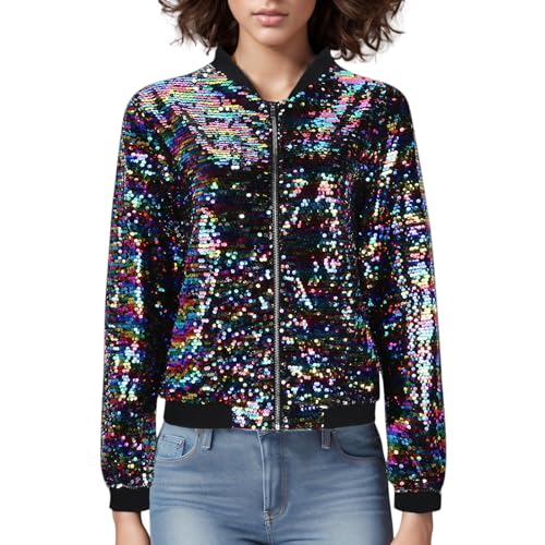 Pailletten Jacke Damen Bunt Glitzer Bomberjacke Glitzernde Jacken Langarm Glänzend Glitzer Bomber Jacke Kurzer Reißverschlussmantel Pailletten Blazer Rave Outfit Metallisches Festival Mantel Jacket