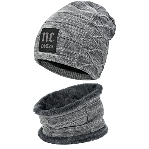 Bequemer Laden 2 Stücke Winter Beanie Mütze Schal Set Wolle Warme Strickmütze Dicke Fleecefutter Wintermütze & Schal für Herren und Damen, 2-grau, Einheitsgröße