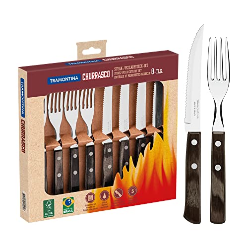 Tramontina Steakbesteck Pizzabesteck, 8-teiliges Set, für 4 Personen, Steakbesteckset, rostfreier Edelstahl, FSC zertifizierter Echtholzgriff, spülmaschinenfest