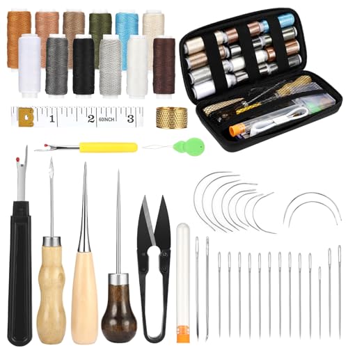 Royouzi 48 PCS Leder NäHset, Leder Werkzeug set Mit 12 Farben NäHgarn, Auswerferstift, NäHnadeln, Ahle und NäHentferner Multifunktional DIY LedernäHset