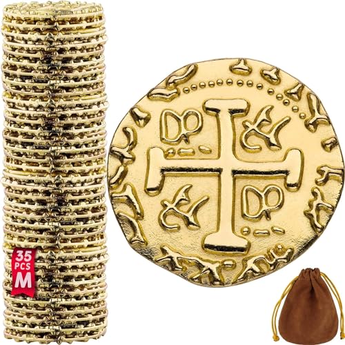 Piraten Münzen Zubehör, 35 Goldmünzen-Set, Metall Goldtaler Deko Dublonen für DND Brettspiele, Cosplay, Realistische Mittelalter Geld-Imitation, Piratenschatz, M Größen