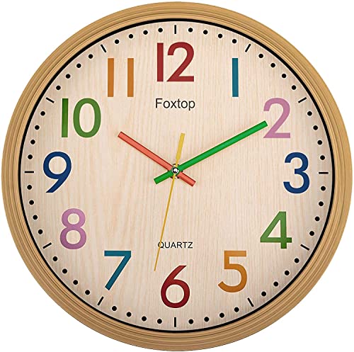 Foxtop Kinder Wanduhr Ohne Tickgeräusche Modern Lautlos Kinderuhr Bunt Uhr für Jungen Mädchen Kinderzimmer Schlafzimmer Küche Wohnzimmer Schule 30 cm