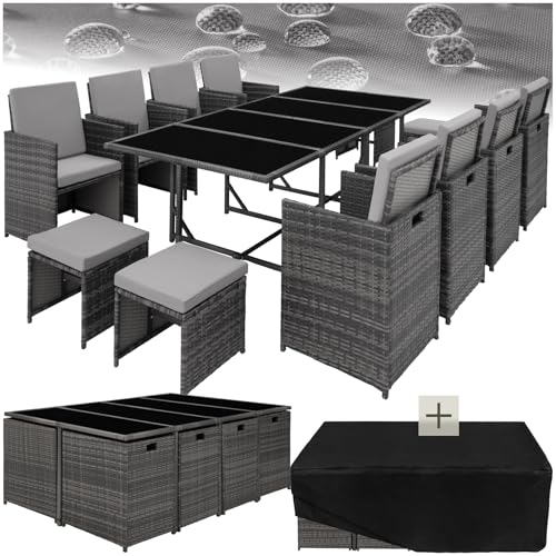 tectake Gartenlounge Set, Polyrattan Gartenmöbel Set, 8+4+1 Sitzgruppe, 8 Stühle 4 Hocker 1 Tisch, Balkon Möbel als Würfel verstaubar, für Garten, Balkon, Terrasse - grau/hellgrau