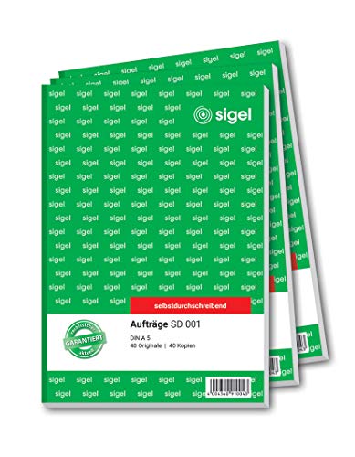 SIGEL SD001 Auftragsbuch A5, 2x40 Blatt, selbstdurchschreibend, 3 Stück, aus nachhaltigem Papier