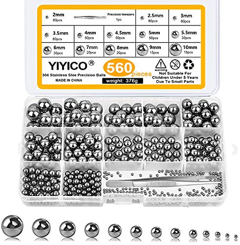 YIYICO Kugellager Kugeln Stahlkugeln Edelstahl Metallkugeln 560Stk Edelstahlkugeln für Fahrrad Rad Ersatzteile Präzision 2/2.5/3/3.5/4/4.5/5/5.5/6/7/8/9/10 mm