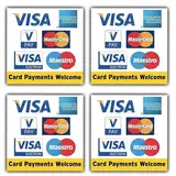 Vinyl-Aufkleber-Set mit Kreditkarten-Akzeptierung, Visa, American Express, Vpay, MasterCard, Electron, Maestro, wasser- und wetterfest, langlebig, 100 mm x 100 mm, 4 Stück