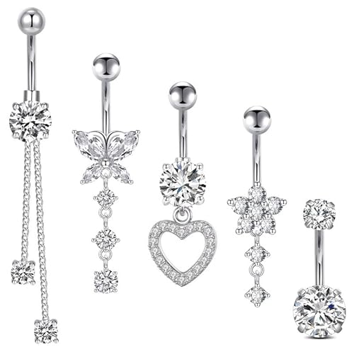 5 Stück Bauchnabelpiercing, 14G Edelstahl Piercing Bauchnabel, Silber Bauchnabelpiercing Lang, Dangle Bauchnabelpiercing Schmuck, Bauchnabelpiercing Schmetterling Blume Anhänger, Schmuck für Frauen