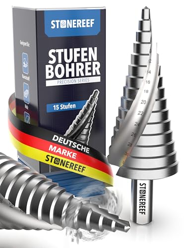 STONE REEF Stufenbohrer Profi aus HSS Stahl - [15 Stufen | Ø 4-32mm] - Kegelbohrer, Schälbohrer, Metall, Lochbohrer, Blechbohrer, Kunststoffbohrer, Lochfräser, Fräsbohrer, Lochschneider