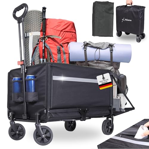 Albatros Bollerwagen klappbar 120L mit Flaschenöffner & Getränkehalter – Faltbarer Handwagen mit Reflektorstreifen, Rückwand-Öffnung & Abdeckhaube – Outdoor Transportwagen für Camping & Ausflüge