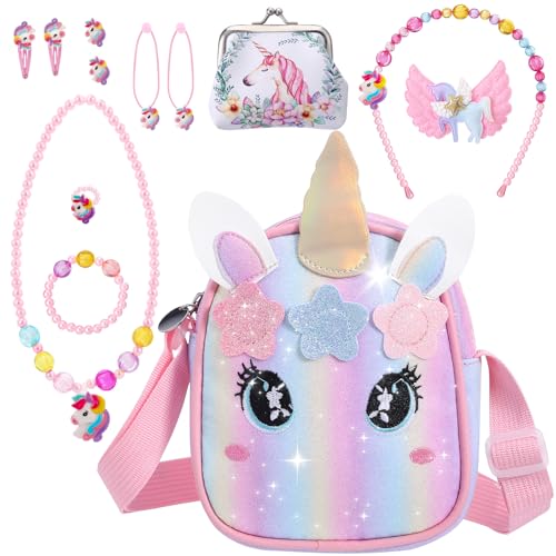 Yamitora Einhorn Handtasche Mädchen, Einhorn Handtasche Schmuck Set Einhorn Kinderschmuck Einhorn Geschenke für Mädchen 2 3 4 5 6 Jahre Halskette Armband Geburtstagsgeschenk Mädchen 2-6 Jahre