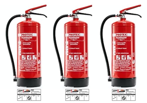 3 Pulver-Feuerlöscher – Protex Pulverfeuerlöscher – 6 kg - für die Brandklassen ABC – Zertifiziert nach DIN EN 3 und CE – je 9,5 kg – mit praktischer Halterung – mit Prüfplakette - Made in EU