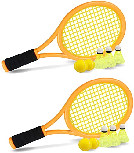 Kinder Tennisschläger mit Tragetasche,4 weiche Trainingsbälle und 6 Badminton Birdies,Tennisschläger Geschenkset für Kinder Outdoor Indoor Sport (Orange und Grün)