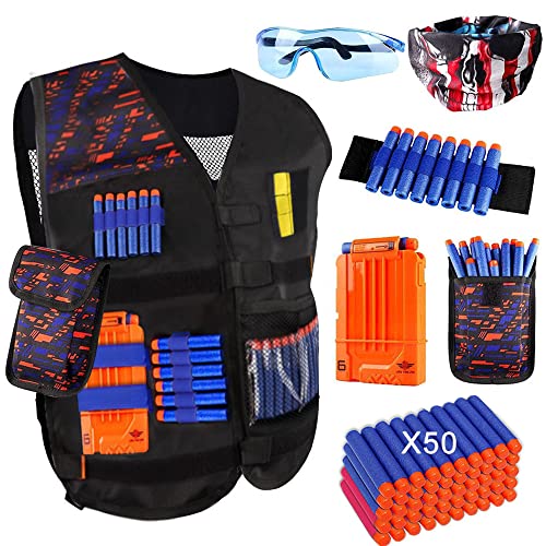 OFUN 56pcs Taktische Weste Jacke Set für Kinder, Tactical Vest Kit & 50 Darts & 1 Gesichtsschutz & 1 Schutzbrillen & 1 Armband & 1 Dartbeutel & Bullets Clip Magazin für N-Strike Elite Serie